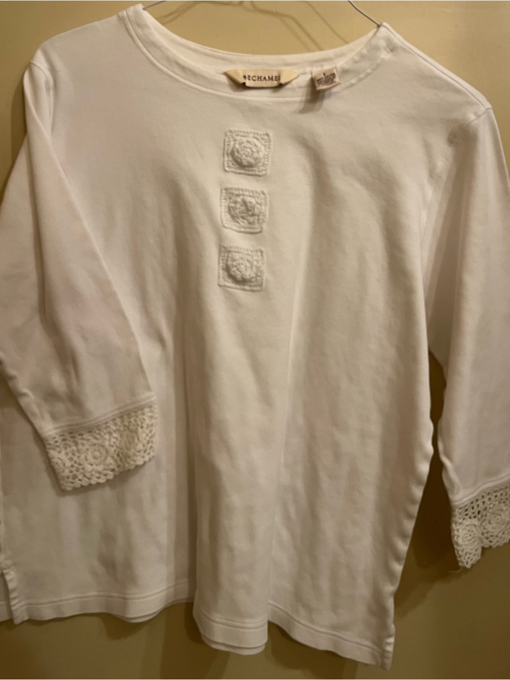 Bechamel large white 3/4 sleeves shirt, crochet accents on sleeves & the front